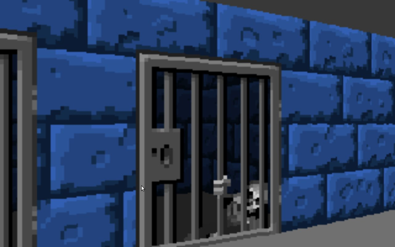A skeleton is propped up against the bars of a cell. The camera can see into the tiny, murky cell behind the bars